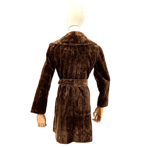 Vintage 50s Chocolate Brown Copper Faux Fur Belted Wrap Coat - Picture 5 of 8